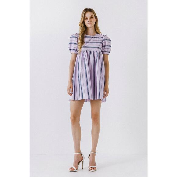 English Factory Lilac Puff Sleeve Striped Mini Dress Size M Medium - Picture 8 of 10
